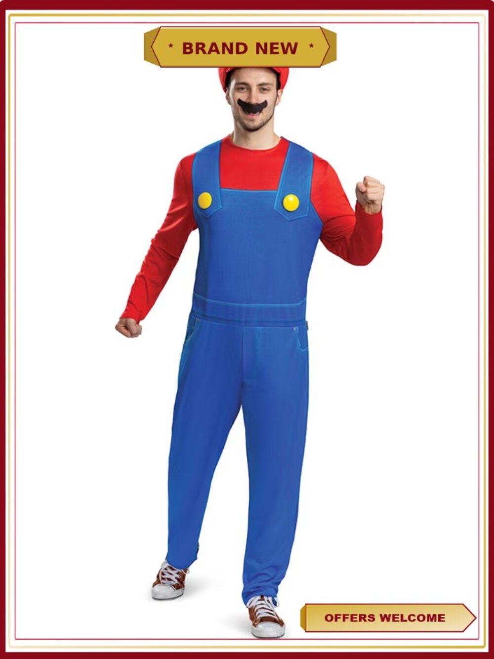 Mario Elevated Classic Adult Costume Jumpsuit Hat Mustache Halloween